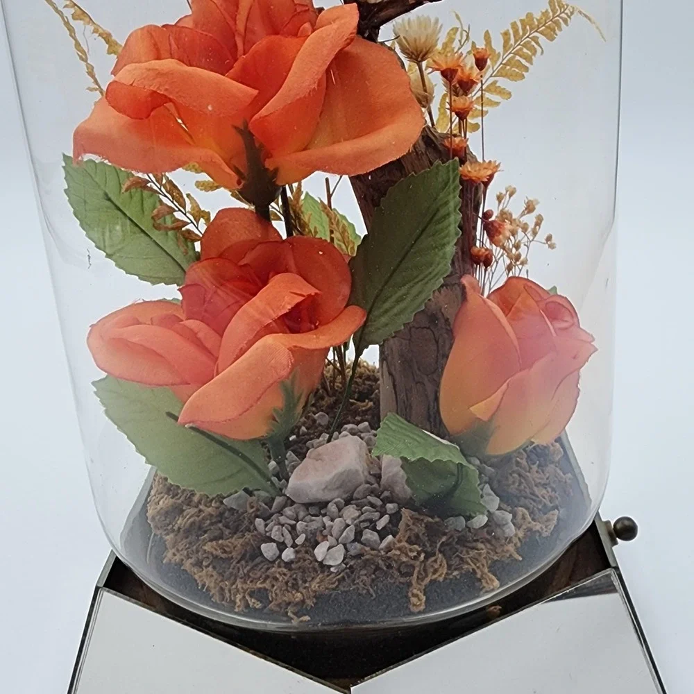 Vintage Glass Dome Floral Cloche with Butterfly Dried & Orange Faux Flowers